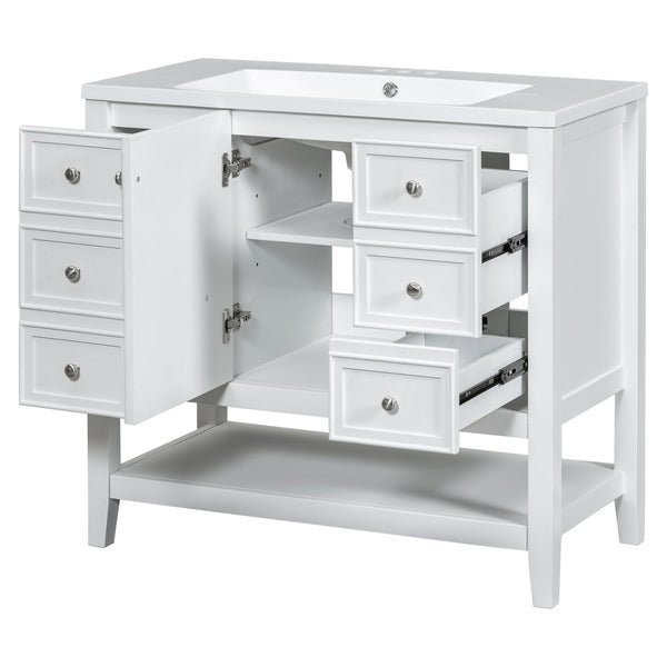 English Elm 36" Bathroom Vanity With Center Sink, Solid Wood & Mdf, 3 Drawers, Elegant White Finish, Modern Style N725P246500K