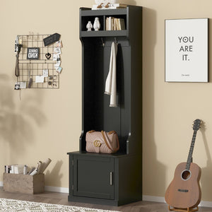 English Elm On-trend Slim Hall Tree Entryway Bench with Cabinet Six Hooks Matte Foyer Storage Black N721P249243B