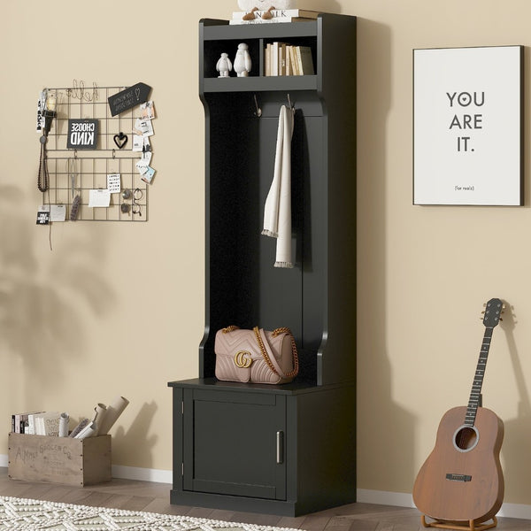 English Elm On-trend Slim Hall Tree Entryway Bench with Cabinet Six Hooks Matte Foyer Storage Black N721P249243B