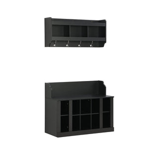 English Elm On-trend Matte Black Entryway Bench with Wall Cabinet Ten Compartments Four Hooks WF313576AAB