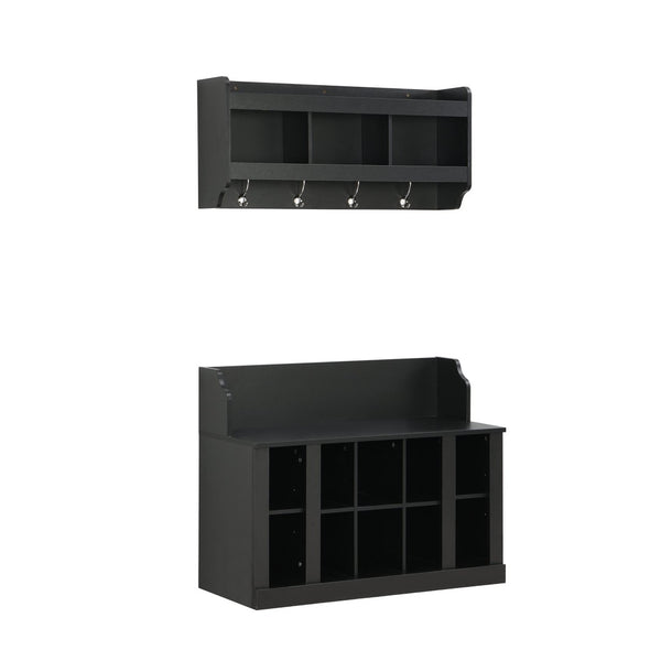 English Elm On-trend Matte Black Entryway Bench with Wall Cabinet Ten Compartments Four Hooks WF313576AAB