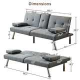 Hearth and Haven Linen Fabric Modern Sofa Bed Futon Couch Bed Folding Recliner Sleeper Reversible Loveseat Convertible Daybed, 2 Cup Holders, 3 Angles, Removable Armrests, Gray W1422131950