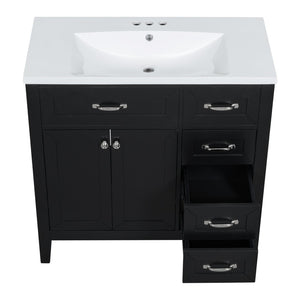 English Elm 36" Freestanding Bathroom Vanity Solid Rubberwood Cabinet with Ceramic Sink and Three Drawers Black JL000007AAB-6