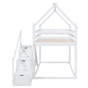 English Elm Twin House Loft Bunk Bed with Slide, Staircase & Climbing Ramp — Space-Saving Pine Frame for Kids (97) White GX000717AAK