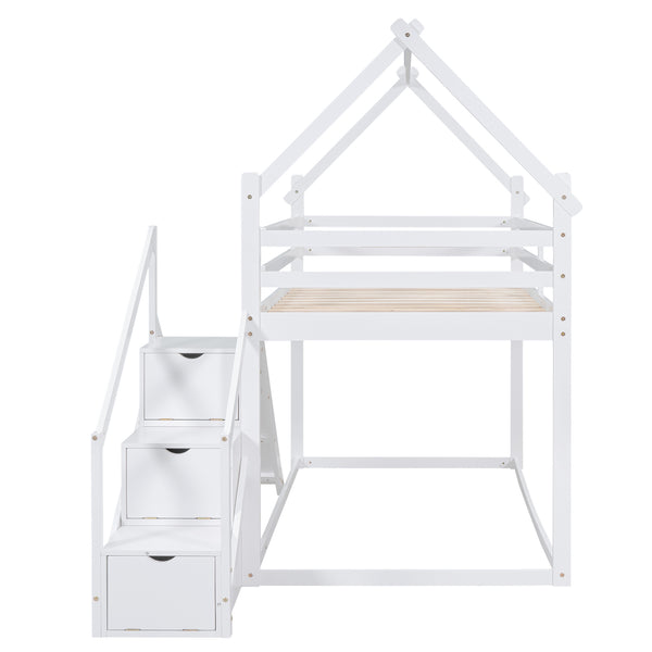 English Elm Twin House Loft Bunk Bed with Slide, Staircase & Climbing Ramp — Space-Saving Pine Frame for Kids (97) White GX000717AAK