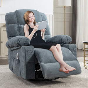 English Elm Massage Rocker Recliner Oversized Chair with Heat Vibration Usb Port and Storage Pockets W1807S00009