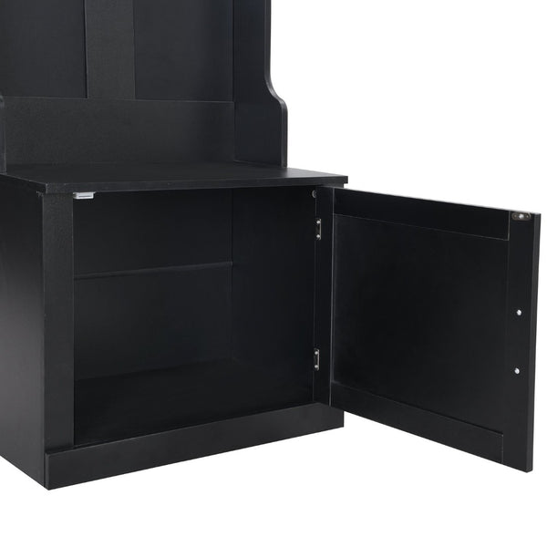 English Elm On-trend Slim Hall Tree Entryway Bench with Cabinet Six Hooks Matte Foyer Storage Black N721P249243B