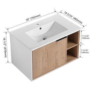English Elm 30'' Floating Wall-Mounted Vanity with Ceramic Sink, Soft-Close Door, Open Shelves, Durable Plywood Finish W999S00123