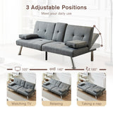 Hearth and Haven Linen Fabric Modern Sofa Bed Futon Couch Bed Folding Recliner Sleeper Reversible Loveseat Convertible Daybed, 2 Cup Holders, 3 Angles, Removable Armrests, Gray W1422131950