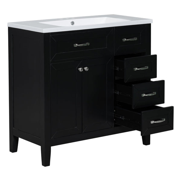 English Elm 36" Freestanding Bathroom Vanity Solid Rubberwood Cabinet with Ceramic Sink and Three Drawers Black JL000007AAB-6