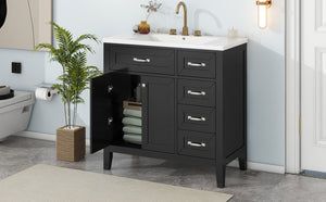 English Elm 36" Freestanding Bathroom Vanity Solid Rubberwood Cabinet with Ceramic Sink and Three Drawers Black JL000007AAB-6