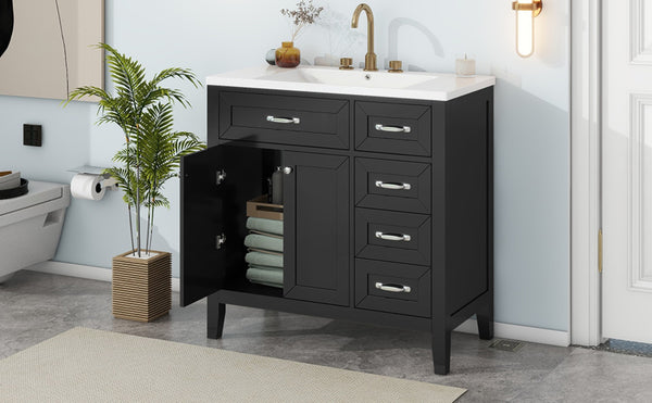 English Elm 36" Freestanding Bathroom Vanity Solid Rubberwood Cabinet with Ceramic Sink and Three Drawers Black JL000007AAB-6