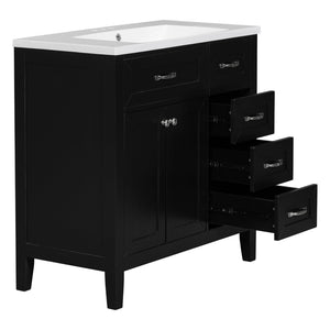 English Elm 36" Freestanding Bathroom Vanity Solid Rubberwood Cabinet with Ceramic Sink and Three Drawers Black JL000007AAB-6