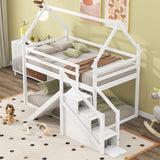 Hearth and Haven Borahmia Twin over Twin House Bunk Bed with Slide and Staircase, White