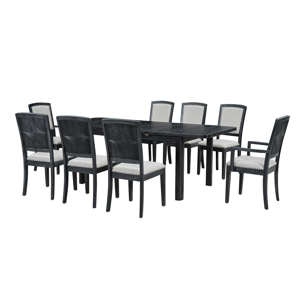 English Elm TOPMAX Rustic Extendable Dining Set with 84" Table and 24" Leaf, 9-Piece Wood Frame, Upholstered Chairs Black+ Gray SP000038AAB