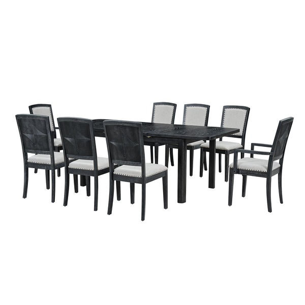 English Elm TOPMAX Rustic Extendable Dining Set with 84" Table and 24" Leaf, 9-Piece Wood Frame, Upholstered Chairs Black+ Gray SP000038AAB