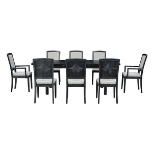 English Elm TOPMAX Rustic Extendable Dining Set with 84" Table and 24" Leaf, 9-Piece Wood Frame, Upholstered Chairs Black+ Gray SP000038AAB