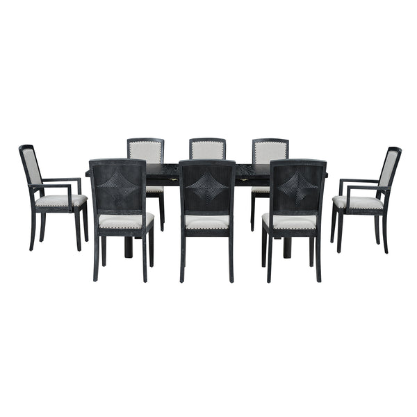English Elm TOPMAX Rustic Extendable Dining Set with 84" Table and 24" Leaf, 9-Piece Wood Frame, Upholstered Chairs Black+ Gray SP000038AAB