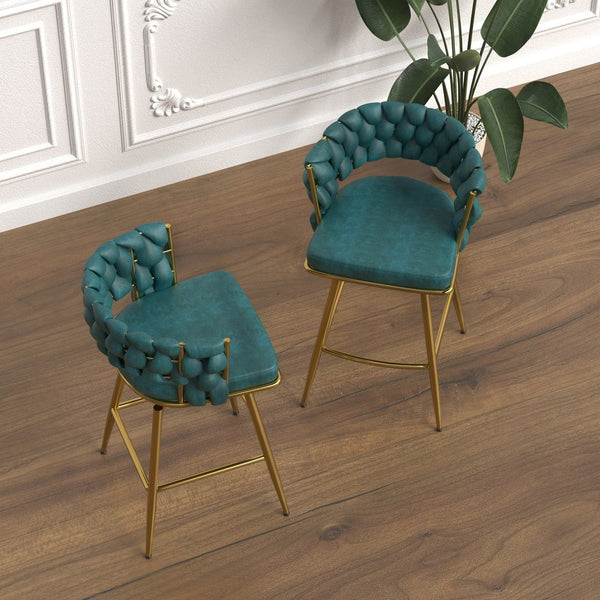 English Elm 26" Swivel Barstools Set of 2 Woven Back Suede Upholstered Gold Leg Counter Chairs W2189S00841