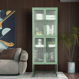 4-Door Tempered Glass Cabinet, Adjustable Shelves, U-Shaped Leg, Fluted Glass, Light Green