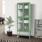 English Elm Stylish 4-Door Tempered Glass Cabinet With 4 Glass Doors Adjustable Shelves U-Shaped Leg Anti-Tip Dust-Free Fluted Glass Kitchen Credenza Light Green