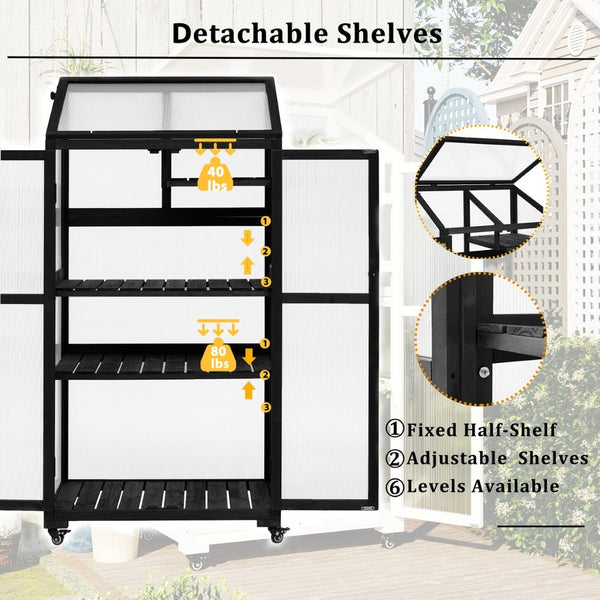 English Elm Topmax Fir Wood Polycarbonate Cold Frame Greenhouse with Wheels Adjustable Shelves Outdoor Black WF297923AAB