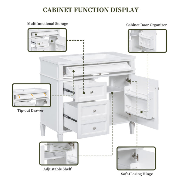 English Elm 36'' Modern Bathroom Vanity With Sink, Elegant Storage Cabinet, 2 Drawers & Tip-Out Organizer SW000119AAK-2