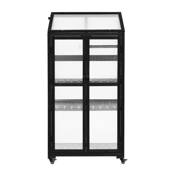 English Elm Topmax Fir Wood Polycarbonate Cold Frame Greenhouse with Wheels Adjustable Shelves Outdoor Black WF297923AAB