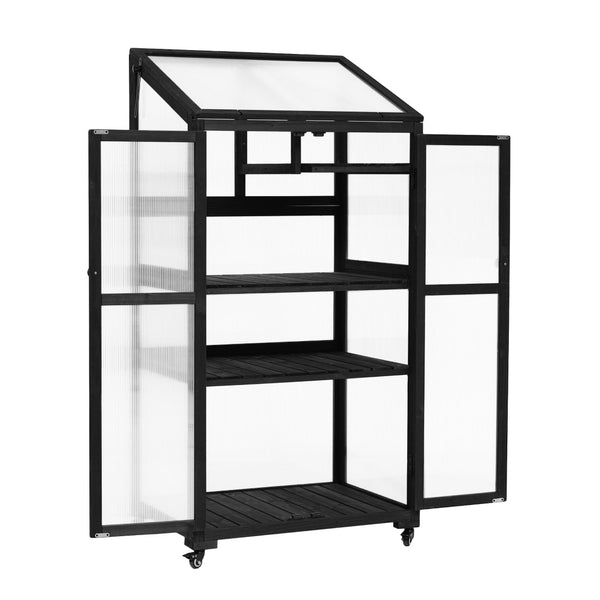 English Elm Topmax Fir Wood Polycarbonate Cold Frame Greenhouse with Wheels Adjustable Shelves Outdoor Black WF297923AAB