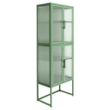 English Elm Stylish 4-Door Tempered Glass Cabinet With 4 Glass Doors Adjustable Shelves U-Shaped Leg Anti-Tip Dust-Free Fluted Glass Kitchen Credenza Light Green