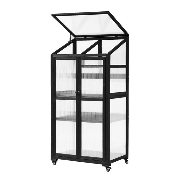 English Elm Topmax Fir Wood Polycarbonate Cold Frame Greenhouse with Wheels Adjustable Shelves Outdoor Black WF297923AAB