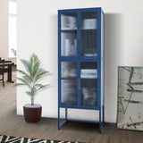 English Elm Stylish 4-Door Tempered Glass Cabinet With 4 Glass Doors Adjustable Shelves U-Shaped Leg Anti-Tip Dust-Free Fluted Glass Kitchen Credenza Blue