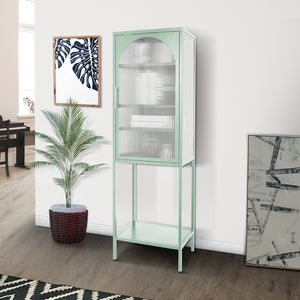 English Elm Stylish Tempered Glass High Cabinet With Arched Door Adjustable Shelves and Feet Anti-Tip Dust-Free Fluted Glass Kitchen Credenza Light Green