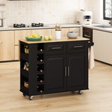 Multi-Functional Kitchen Island Cart with 2 Door Cabinet and Two Drawers, Spice Rack, Towel Holder, Wine Rack, and Foldable Rubberwood Table Top