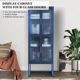 English Elm Stylish 4-Door Tempered Glass Cabinet With 4 Glass Doors Adjustable Shelves U-Shaped Leg Anti-Tip Dust-Free Fluted Glass Kitchen Credenza Blue