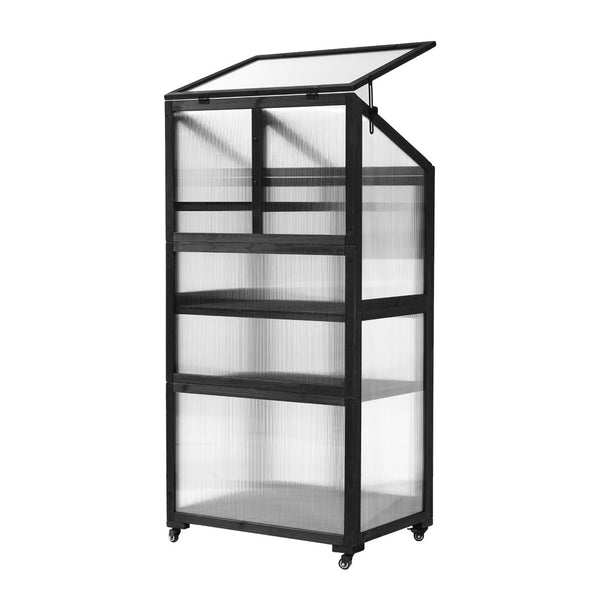 English Elm Topmax Fir Wood Polycarbonate Cold Frame Greenhouse with Wheels Adjustable Shelves Outdoor Black WF297923AAB