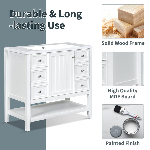 English Elm 36" Bathroom Vanity With Center Sink, Solid Wood & Mdf, 3 Drawers, Elegant White Finish, Modern Style N725P246500K