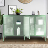 English Elm Stylish 4-Door Tempered Glass Cabinet With 4 Glass Doors Adjustable Shelf and Feet Anti-Tip Dust-Free Fluted Glass Kitchen Credenza Light Green