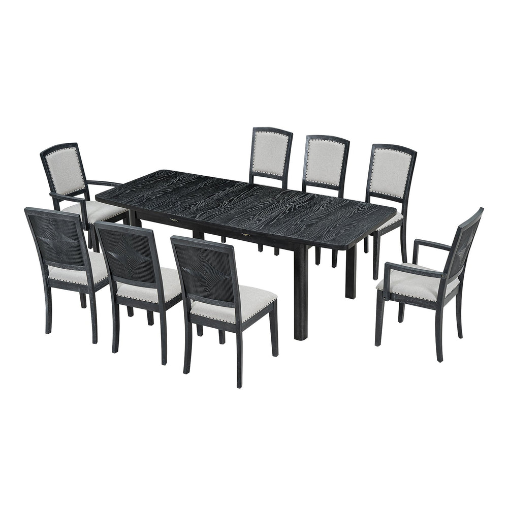 English Elm TOPMAX Rustic Extendable Dining Set with 84" Table and 24" Leaf, 9-Piece Wood Frame, Upholstered Chairs Black+ Gray SP000038AAB