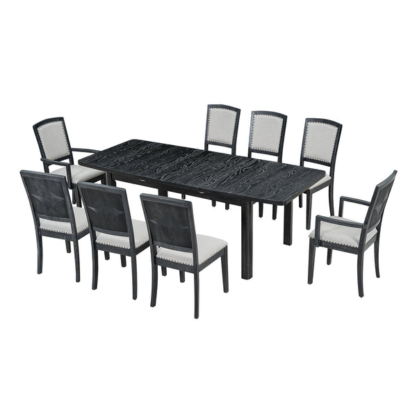 English Elm TOPMAX Rustic Extendable Dining Set with 84" Table and 24" Leaf, 9-Piece Wood Frame, Upholstered Chairs Black+ Gray SP000038AAB