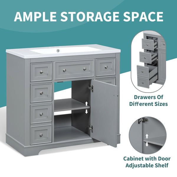 English Elm 36" Solid Wood Bathroom Vanity Base with 6 Drawers & 1 Door, Modern Freestanding Cabinet, Undermount-Compatible Grey WF306253AAE