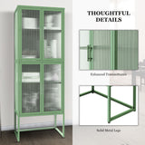 English Elm Stylish 4-Door Tempered Glass Cabinet With 4 Glass Doors Adjustable Shelves U-Shaped Leg Anti-Tip Dust-Free Fluted Glass Kitchen Credenza Light Green