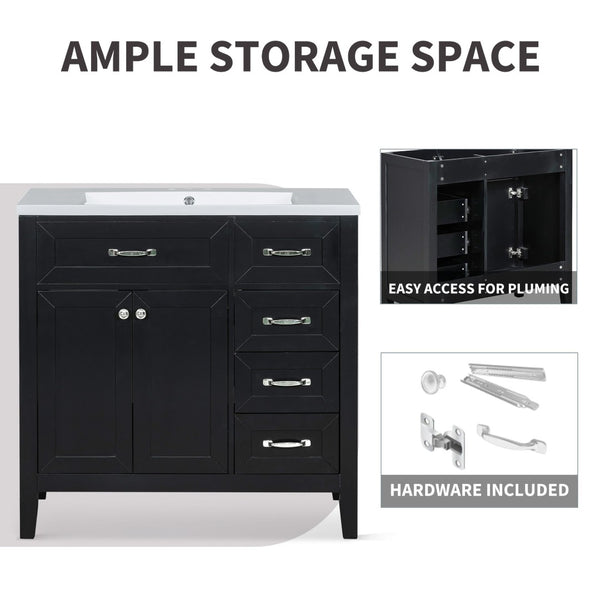 English Elm 36" Matte Bathroom Vanity Base Cabinet with Drawers Rubberwood Frame Modern Storage Black WF296707AAB