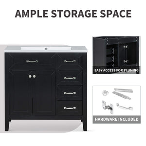 English Elm 36" Freestanding Bathroom Vanity Solid Rubberwood Cabinet with Ceramic Sink and Three Drawers Black JL000007AAB-6