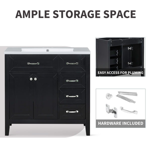 English Elm 36" Modern Bathroom Vanity With Sink Combo, Sleek Black Cabinet, Durable Storage & Stylish Design N725P246491B