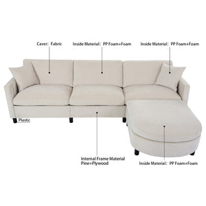 English Elm 107.87'sectional Sofa with Ottoman Removable Cushions Pine Frame L-shaped Living Room Beige W680S00145