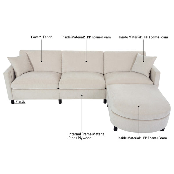 English Elm 107.87'sectional Sofa with Ottoman Pine Frame Removable Cushions Living Room Seating Beige W680S00008
