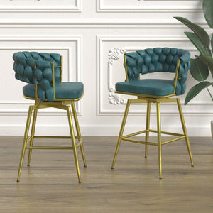 English Elm 26" Swivel Barstools Set of 2 Woven Back Suede Upholstered Gold Leg Counter Chairs W2189S00841