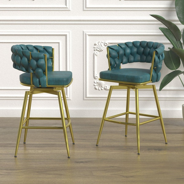 English Elm 26" Swivel Barstools Set of 2 Woven Back Suede Upholstered Gold Leg Counter Chairs W2189S00841