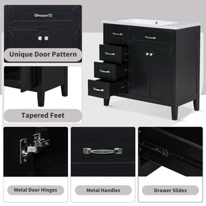 English Elm 36" Matte Bathroom Vanity Base Cabinet with Drawers Rubberwood Frame Modern Storage Black WF296707AAB